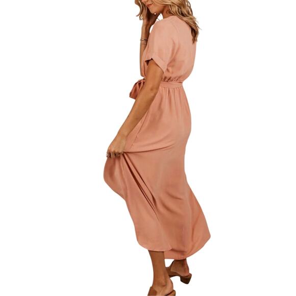 Roolee Classic Taylor Jane Blush Pink Faux Wrap Hi Low Maxi Bridesmaid Dress - Picture 15 of 15